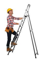 Professional constructor climbing ladder on white background