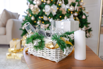 Luxury rich expensive apartment interior in light colors. Stylish contemporary minimalistic design. Full of sun light. A lot of space decorated with Christmas tree