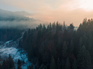 Mountains in the Morning. Majestic Sunrise in a Valley at Foggy Morning Mountains Landscape. Firs and Cozy Houses in Carpathians, Tatariv, Ukraine, Europe