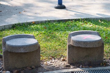 Park seats are marked with distances to reduce COVID-19 infection in parks.