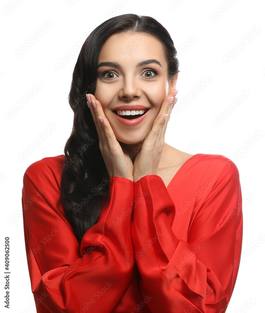 Poster portrait of surprised woman on white background