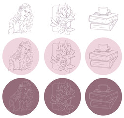 Elegant line icons - smiling woman face, books and cup of tea or coffee, beautiful lilies