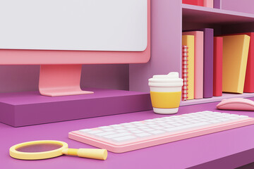 Workspace in pastel color with computer and office supplies on desk. 3d rendering.