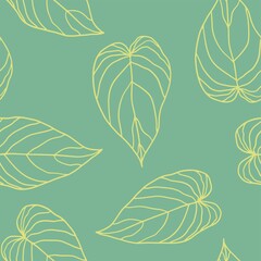 Obraz premium Seamless pattern of yellow tropical outline leaves on a turquoise background. Vector beautiful background from curly leaves for textile, print.