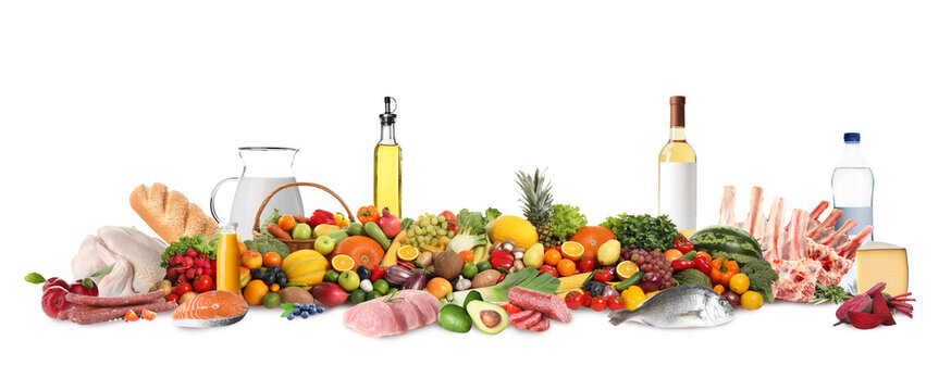 Assortment of fresh organic products on white background. Balanced food
