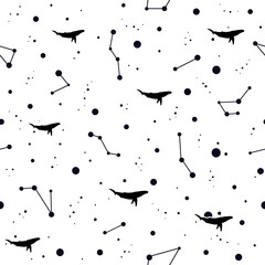 Seamless pattern with black whales in space or cosmos.