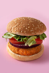 Delicious healthy chickpea burger. Alternative diet. Veganism food concept.	