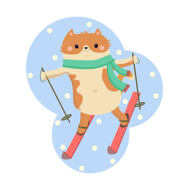 Ginger cat is skiing in the snow. Vector illustration.