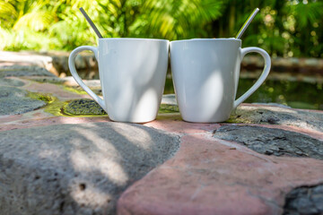 Two white ceramic cups on stones at the edge of an outdoor pool surrounded by palm trees, sunny spring day