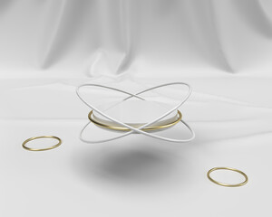 Abstract pedestal 3D render with gold rims and white plastic cylinder, circular shapes with white creamy background, golden rings podium for fashion product  presentation
