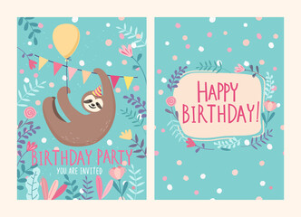 Set of Happy birthday card and party invitation with cute sloth