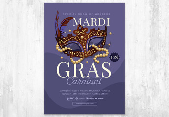 Mardi Gras Carnival Mask Flyer Poster Purple with Feathers, and Pearl