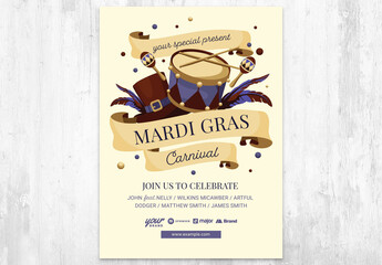 Mardi Gras Carnival Celebration Flyer Poster with Maracas Snare Drum Hat and Feathers