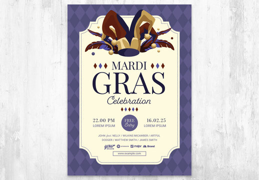 Mardi Gras Carnival Celebration Flyer Poster Purple with Jester Hat and Feathers
