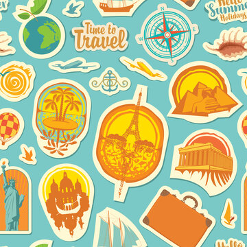 Seamless pattern on the theme of travel and vacations. Repeating vector background with stickers or magnets from various countries on a blue backdrop in retro style