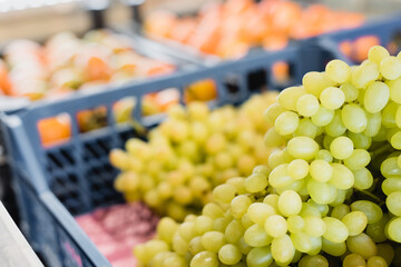 Close up view of green grapes in supermarket