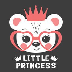 Little Princess slogan text with cute bear face, pink crown, heart glasses on dark background for t-shirt prints and other uses