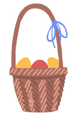 Basket with colored eggs isolated on white background. Hand drawn vector illustration. Colored cartoon doodle. Single drawing for Easter. Element for design, print, sticker, postcard, decoration, wrap