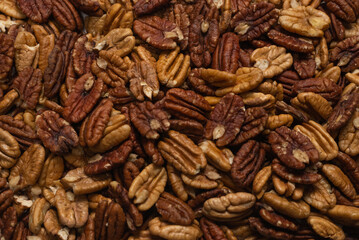Tasty pecan-nut background. Top view.