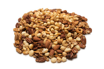 Mix of nuts isolated on white background. Top view.