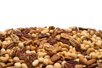 Mix of nuts isolated on white background. Top view.
