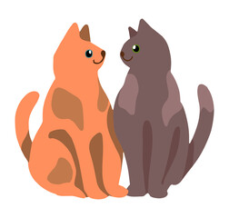 Cute cats couple isolated on white background. Hand drawn vector illustration. Colored cartoon doodle. Single drawing of animals in love. Element for design, print, sticker, postcard, decoration, wrap
