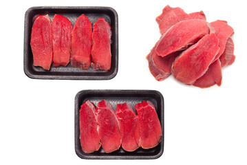 Veal pieces raw isolated on white background.