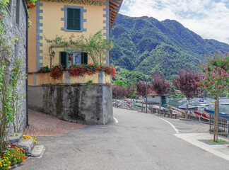 Castelveccana, picturesque touristic village of Lake Maggiore in the summer season.Lombardy, italian lakes, Italy.