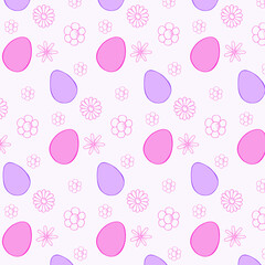 Vector seamless pattern of Easter eggs in positive colors: pink, purple. Hand drawn illustration.