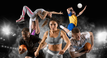 Sport collage. Figure skating, rugby, athletic, volleyball