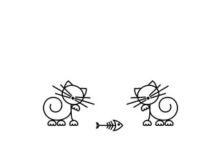 Cat Print. Funny kittens playing with a fish. Minimalist Art.