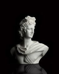 God Apollo bust sculpture. Ancient Greek god of Sun and Poetry statue isolated on black.