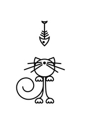 Cat Print. Funny kitten playing with a fish. Minimalist Art.