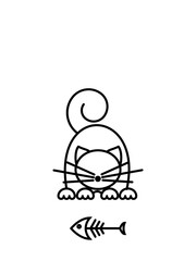 Cat Print. Funny kitten playing with a fish. Minimalist Art.