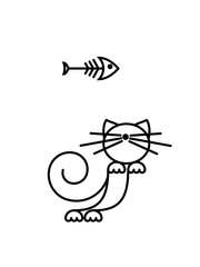 Cat Print. Funny kitten playing with a fish. Minimalist Art.