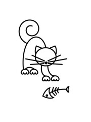 Cat Print. Funny kitten playing with a fish. Minimalist Art.