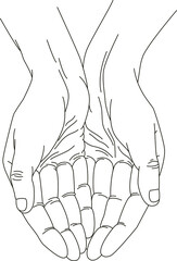 Vector set : two hands folded together. Linear hand drawn isolated on white elements for design cards, illustration in books.