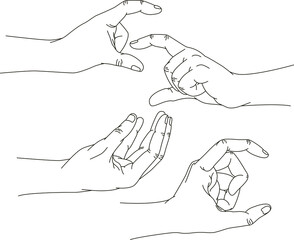 Vector set : linear hands with gestures look like holding something. Hand drawn sketch style elements for design cards, books.