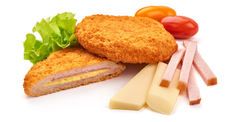 Fried chicken Cordon bleu with cheese in breadcrumbs, isolated on white background