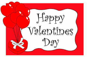 Valentine, greeting card, red background with a white box that has the phrase Happy Valentine's Day and on its left side it has a gift box in the shape of a heart with balloons coming out of it