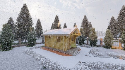 wooden house, wooden bathhouse, деревянная баня из оцилиндрованного бревна зима , wooden home, the picture is a visualization of a project