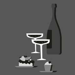 illustration of wine bottle glasses and cake on dark background