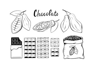 Chocolate and cocoa beans icons set
