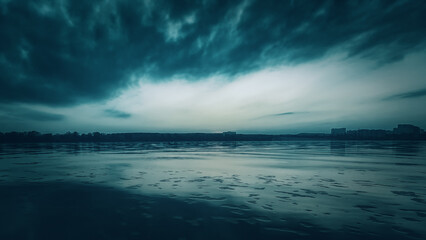 Sunset and clouds on the river, horror