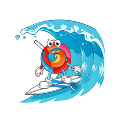 lollipop surfing on the wave character. cartoon mascot vector
