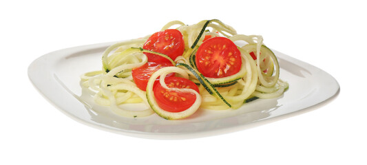 Delicious fresh zucchini pasta with cherry tomatoes on white background
