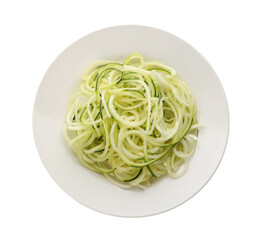 Delicious fresh zucchini pasta on white background, top view