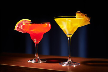Two fruit cocktails on a bar counter on a dark blue background.