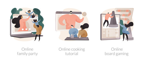 Quarantine leisure time abstract concept vector illustration set. Online family party, cooking tutorial, board gaming, web video call, food blogger, social media, home entertainment abstract metaphor.