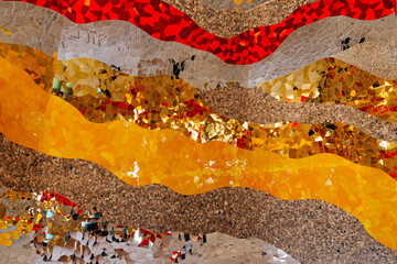 Detail of red, orange, yellow, gold, glass silver color waves of ornamental abstract mosaic art patterns texture background.